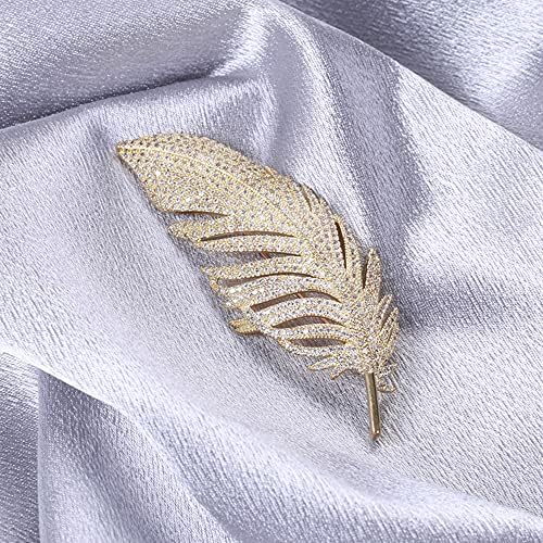Rhinestone Feather Brooch Pin for Women Men Fashion Crystal Delicate Leaf Brooches Lapel Pins Elegant Dress Accessories Jewelry Boutonniere Corsage for Hat Bag Suit Tie Wedding Birthday (Gold)