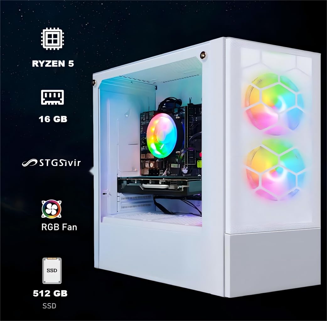 STGsivir PC Gaming, Ryzen 5 3400G, Vega 11,16G DDR4,512G SSD | Ordenador Gaming para Streaming, Edición de Video, Tareas, hasta 4.2 GHz, WiFi 6, BT 5.0, HDMI, Win11 Pro, ARGB