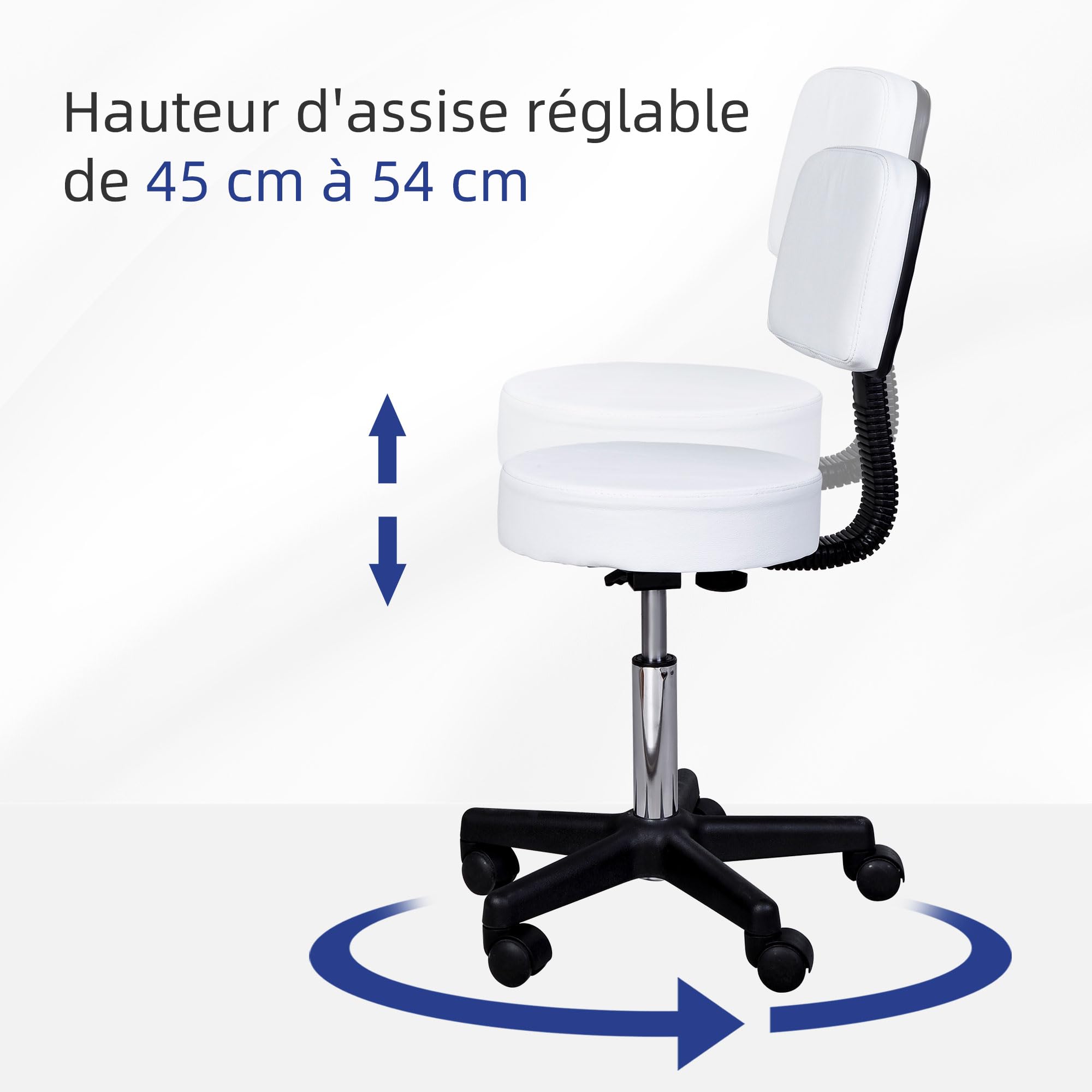 HOMCOM Tabouret Massage à roulettes réglable en Hauteur pivotant avec Dossier Ergonomique Blanc