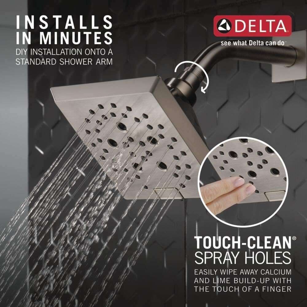 Delta Faucet 5-Spray H2Okinetic Raincan Shower Head, Brushed Nickel Showerhead, Square Shower Head, Delta Shower Head, Water Saving Shower Head, Lumicoat Stainless 52664-SS-PR
