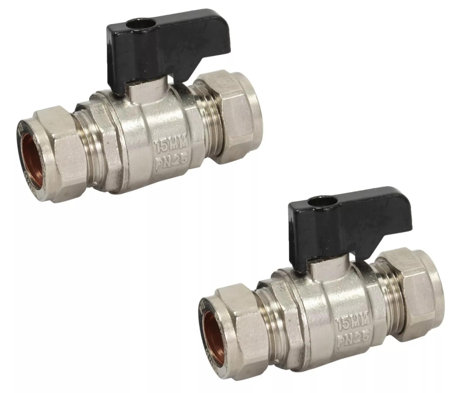22.5 Team Controls Chrome Tc 15Mm Compression Isolation Valve Full Bore With Black Lever Handle Thumb Turn Bolofix Isolating Valve - Pack Of 2