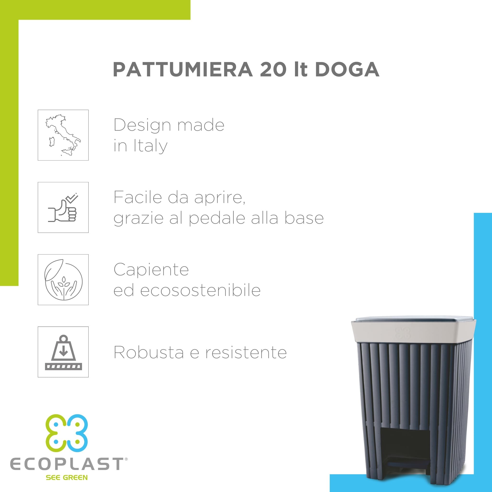 Ecoplast | Pattumiera con Pedale 20 Litri Doga, Cestino Spazzatura in Plastica Riciclata, Colore Cappuccino, 30x26x45, Made in Italy