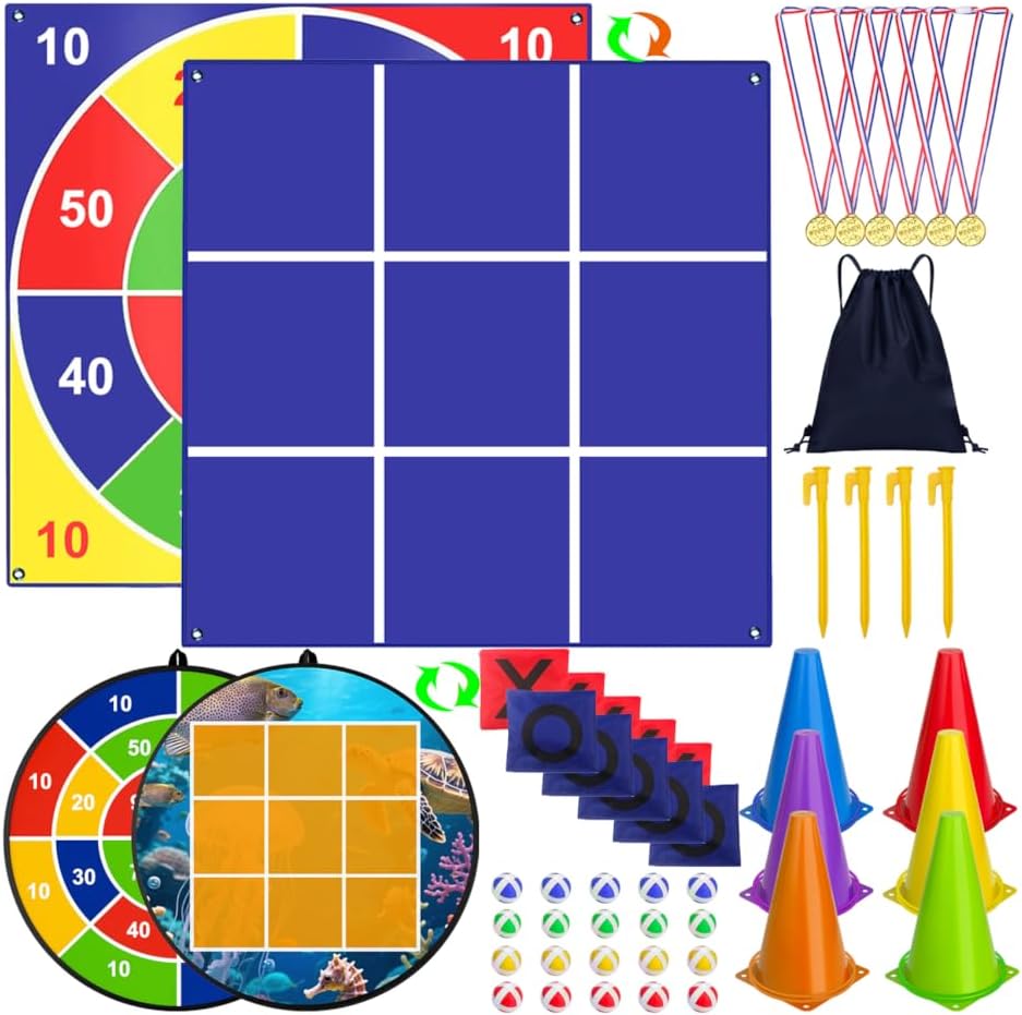 Carnival Games Set, Giant Tic Tac Toe Games, 4ft x 4ft Double-Sided, 26" Dart Board with Sticky Balls, Soft Plastic Cones Ring Toss Game Set for Kids Adults Family Outdoor Lawn Yard Birthday Party
