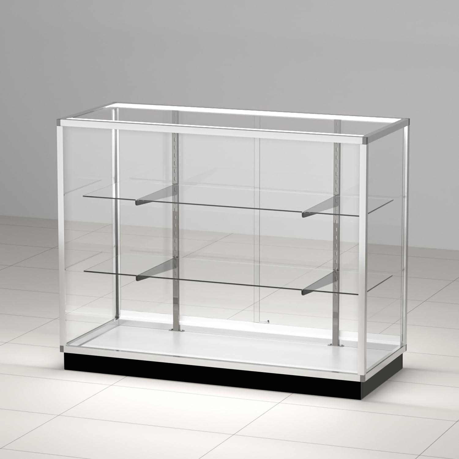 48”D * 20”W * 38”H - Freestanding Retail LED Full Vision Glass Display Case, Black Aluminum Frame, Two Adjustable Height Tempered Glass Shelves