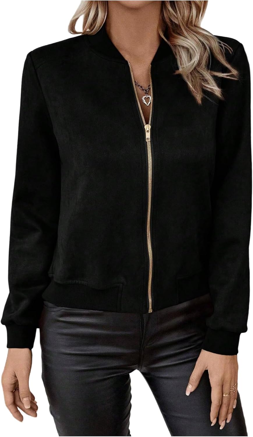 Verdusa Women's Zip Up Lightweight Bomber Jackets Streetwear Faux Suede Long Sleeve Short Outerwear