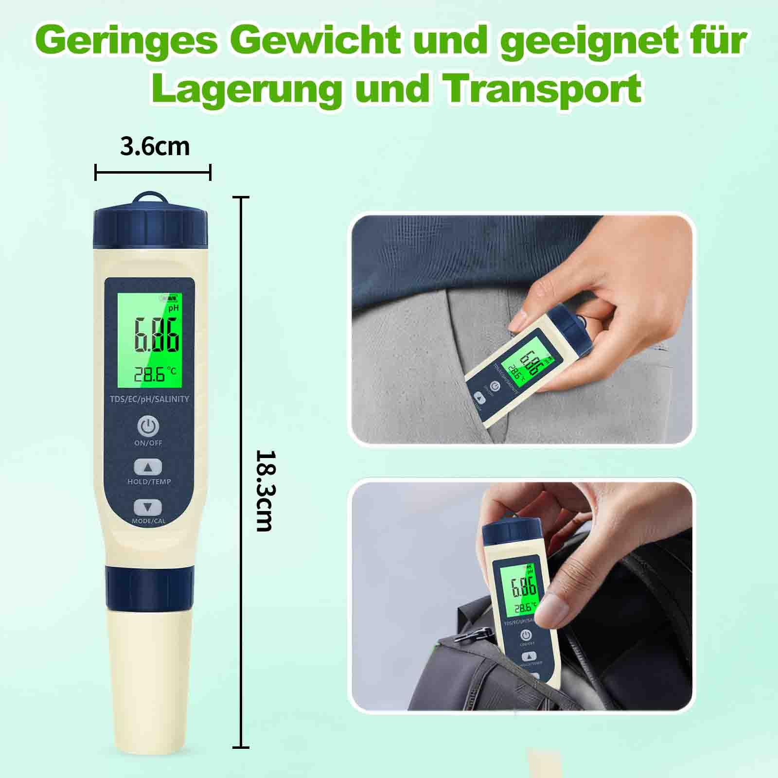 PH Messgerät Wasser 5 in 1 TDS EC Salzgehalt Thermometer LCD-Display Automatische Temperaturkompensation pH Tester Hochpräziser Wassertester