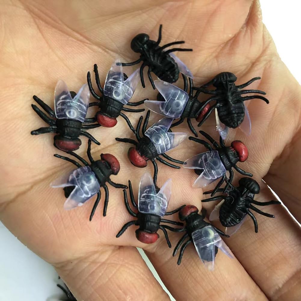 120 Pcs 1.5cm Plastic Flies Small Fake Flies Mini Insect Figures Little Realistic Bugs Scary Prank Insect Props for Joke Tricking Halloween Party Supplies