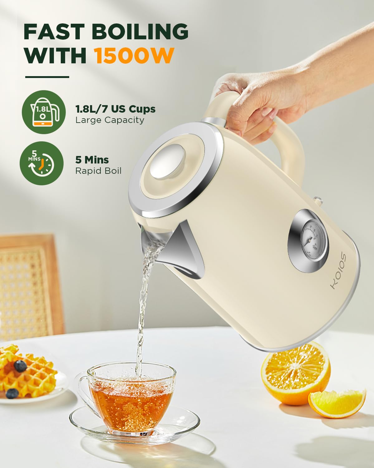 Hervidor eléctrico de 1.8 L con medidor de temperatura, hervidor de té eléctrico de ebullición rápida de 1500 W, hervidor de agua caliente de estilo retro 100% acero inoxidable, luz LED brillante, 4