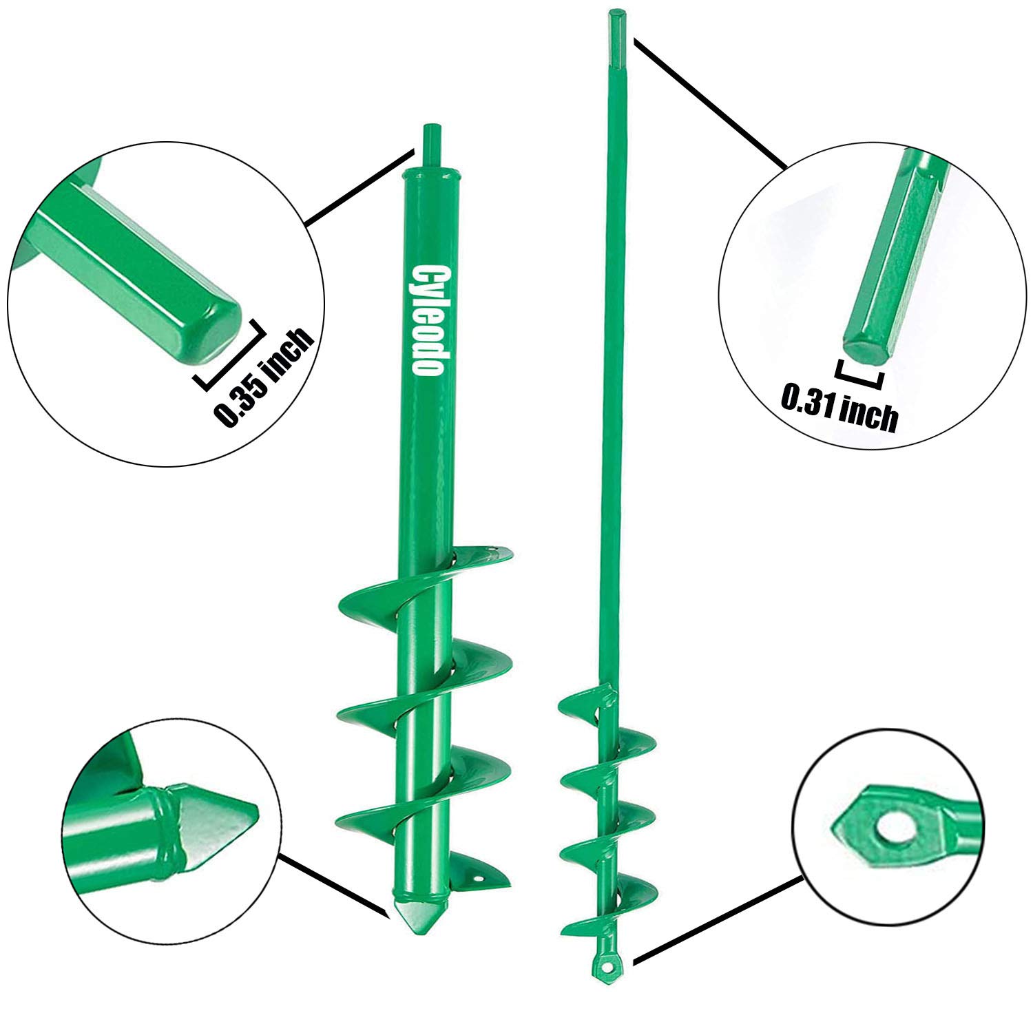 Cyleodo 2 Pack Extended Length Auger Drill Bit 30"x2" & 24"x3.5" for Planting Hole Drill Planter Auger Spiral Bulb Bedding Digging Post Holes Green Planting Tool for Most 3/8" Hex Drive Drill