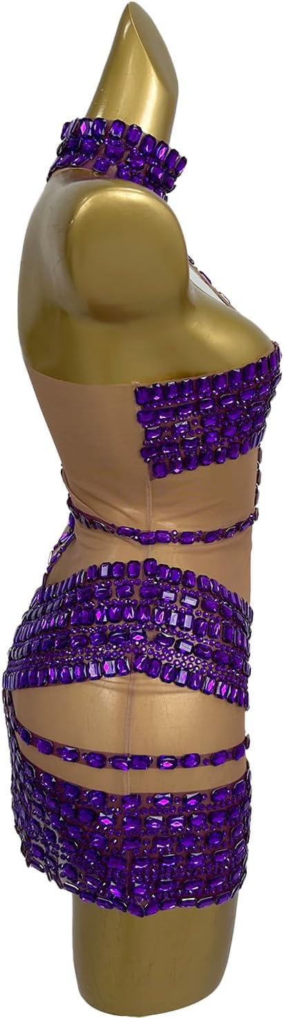 Women Luxury Crystal Embellished Sheer Dress Asymmetric Cutout Stage Performance Gown