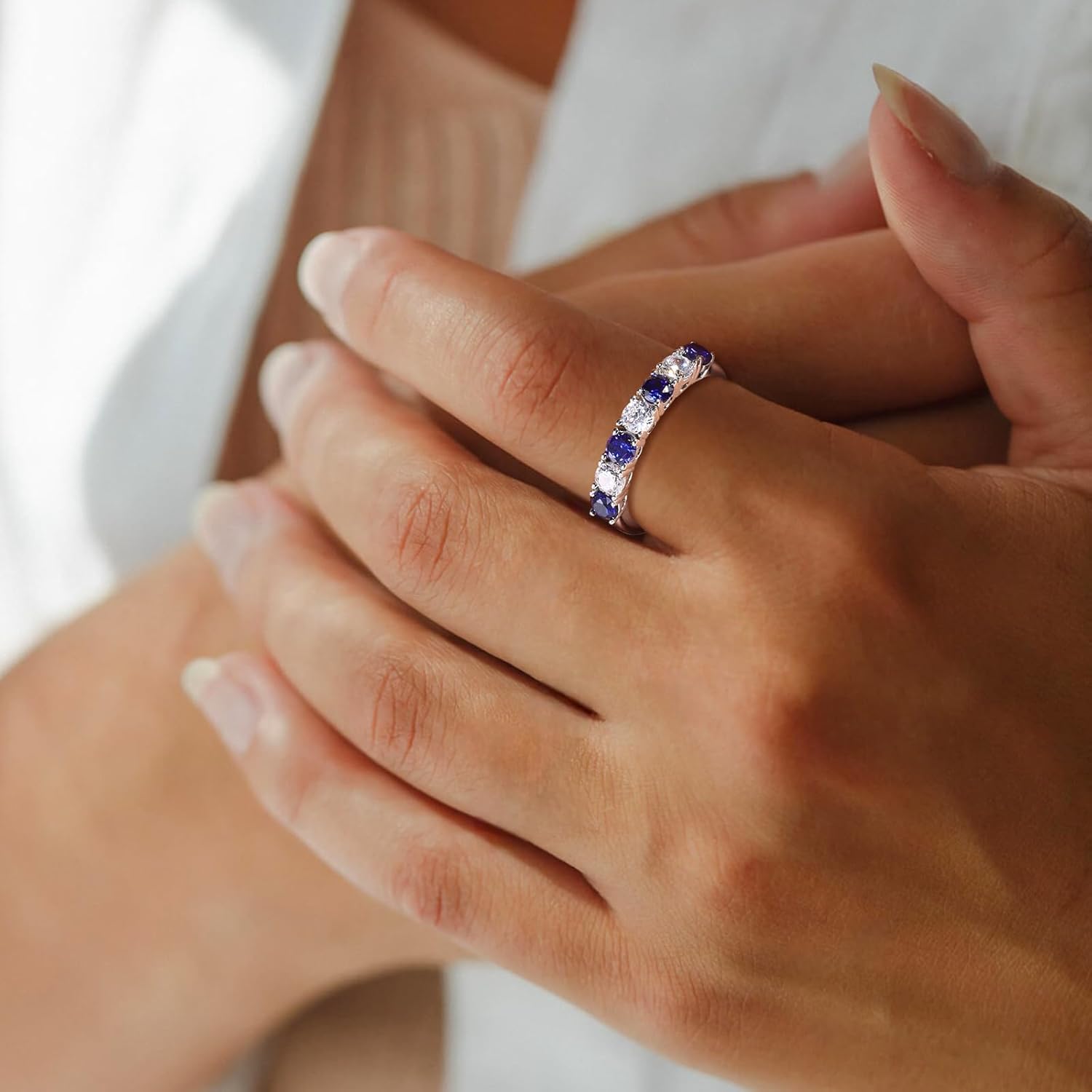 DAYBYDAY 925 Sterling Silver Birthstone Rings for Women White Sapphire Created Gemstone Wedding Band Stackable Half Eternity 7 Stone Anniversary Ring Wife Mom Grandma Birthday Jewelry Size 6-10