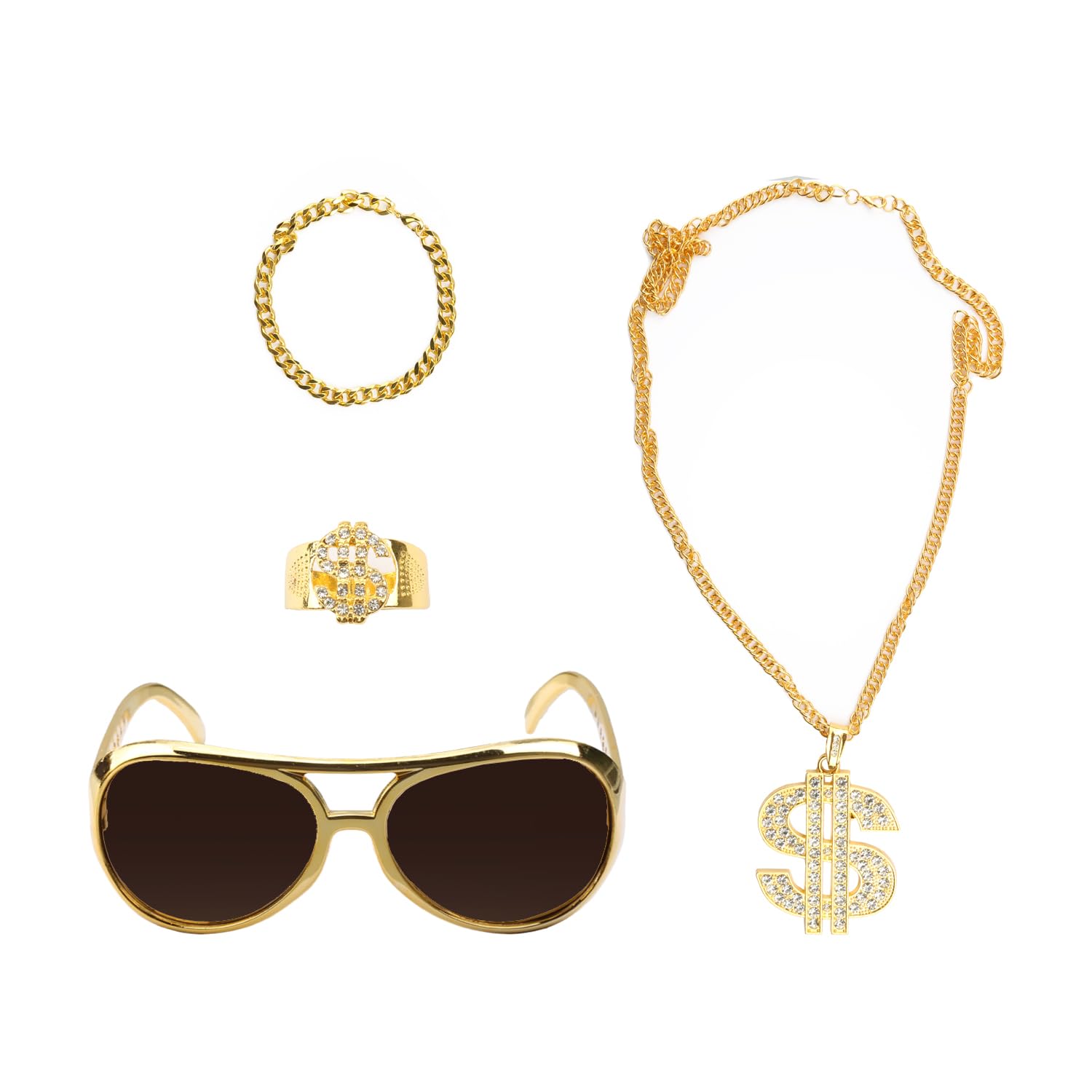 Tabanzhe Hip Hop Costume Accessories Set-4PCS 80s 90s Rapper Fancy Dress Kit with Gold Dollar Sign Necklace,Chain,Sunglasses,Bracelet,Ring for Men Women Disco Theme Party Dress Up