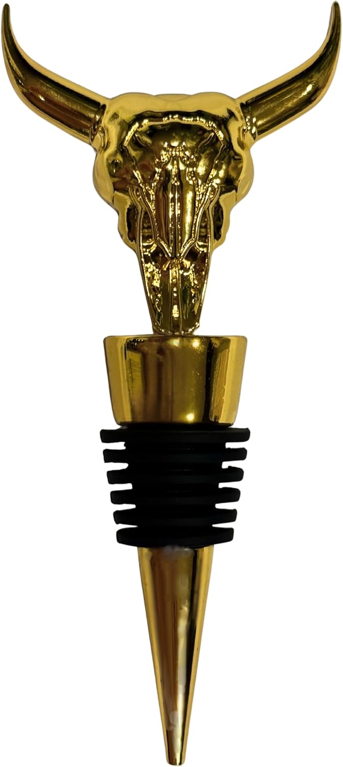 Rustic Western Cow Skull Wine Bottle Stopper, Gold Finish – Decorative Cowboy Bar Accessory & Wine Preservation Gift - C&E HOME COLLECTIVE