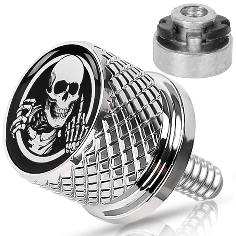 Image of Rear Seat Bolt Screw w /Nut Stainless 1 /4 inch-20 Thread Skull Pattern Knurled | Fits for Harley Touring Fits for Sportster Softail Dyna CVO Fits for Fatbob Electra Glide Fits for Street Glide