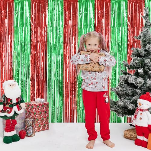 Image of TONIFUL 3Pcs Red Green Door Streamers,Red GreenPhoto Booth Backdrop Metallic Streamers Foil Fringe Curtains for Birthday,Christmas,New Year,Bachelorette,Grad Party Streamers Decor(9.9ft x 6.6ft)