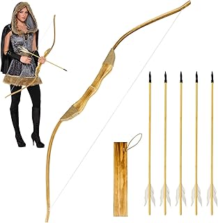 Wooden Bow and Arrow Set, 40 Inch Handmade Wooden Bow and Arrow Cosplay Costume Prop Archery Set Games Toys, 1 Bows 1 Quivers and 5 Feather Arrows, Gifts for Kids Youth Boys and Girls