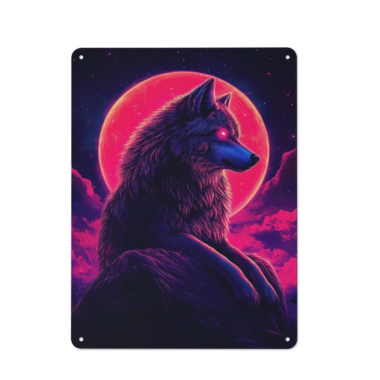 Classic Neon Wolf with Red Moon Metal Wall Sign 40x30cm, Pub Wall Decor for Diner, Restaurant, Shed Or Kitchen