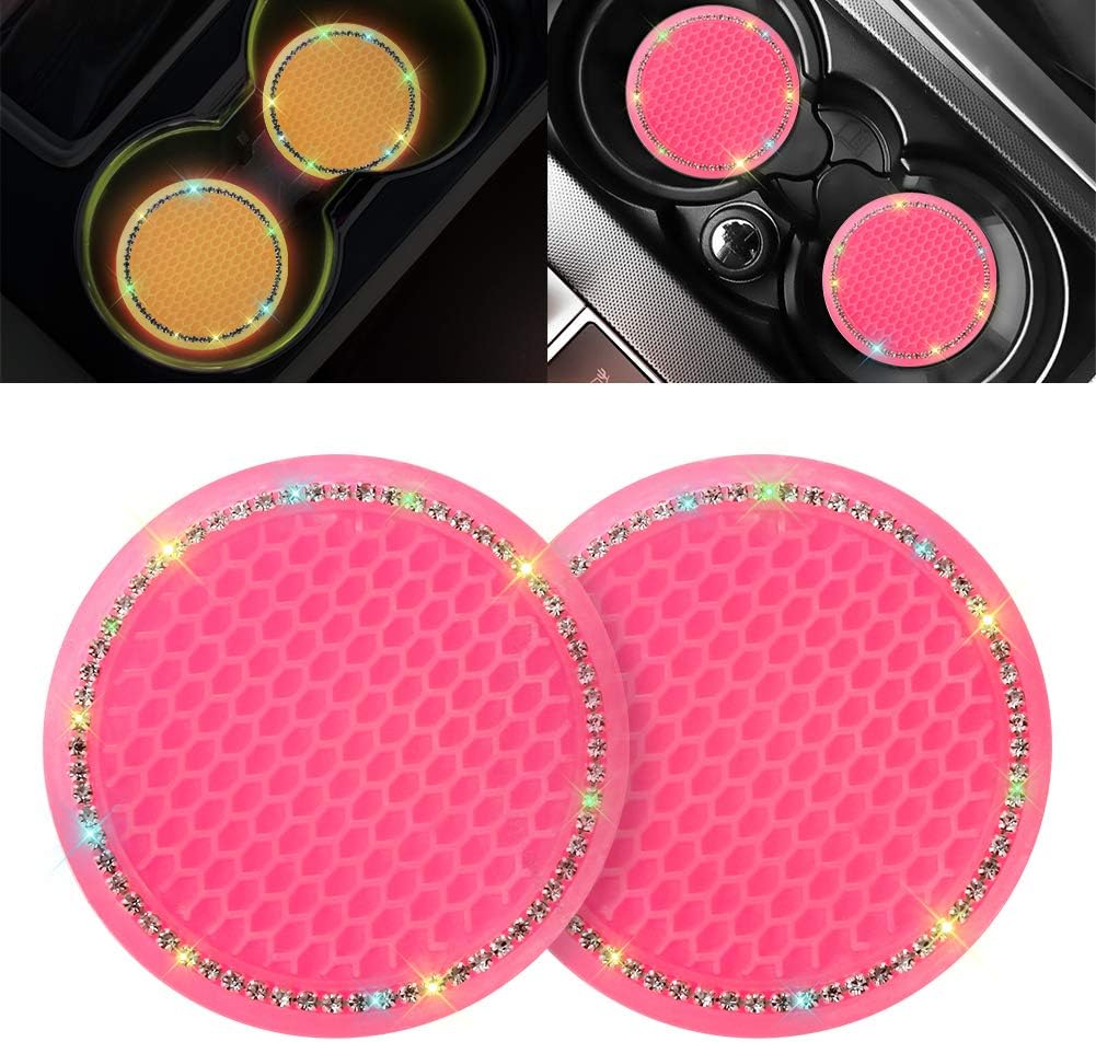 OTOSTAR 2 Pack Bling Crystal Silicone Noctilucent Cup Coaster 2.75 Inch Anti Slip Universal Car Cup Holder Insert Cup Pad Mat Drink Coaster Car Interior Accessoriess, Hot Pink