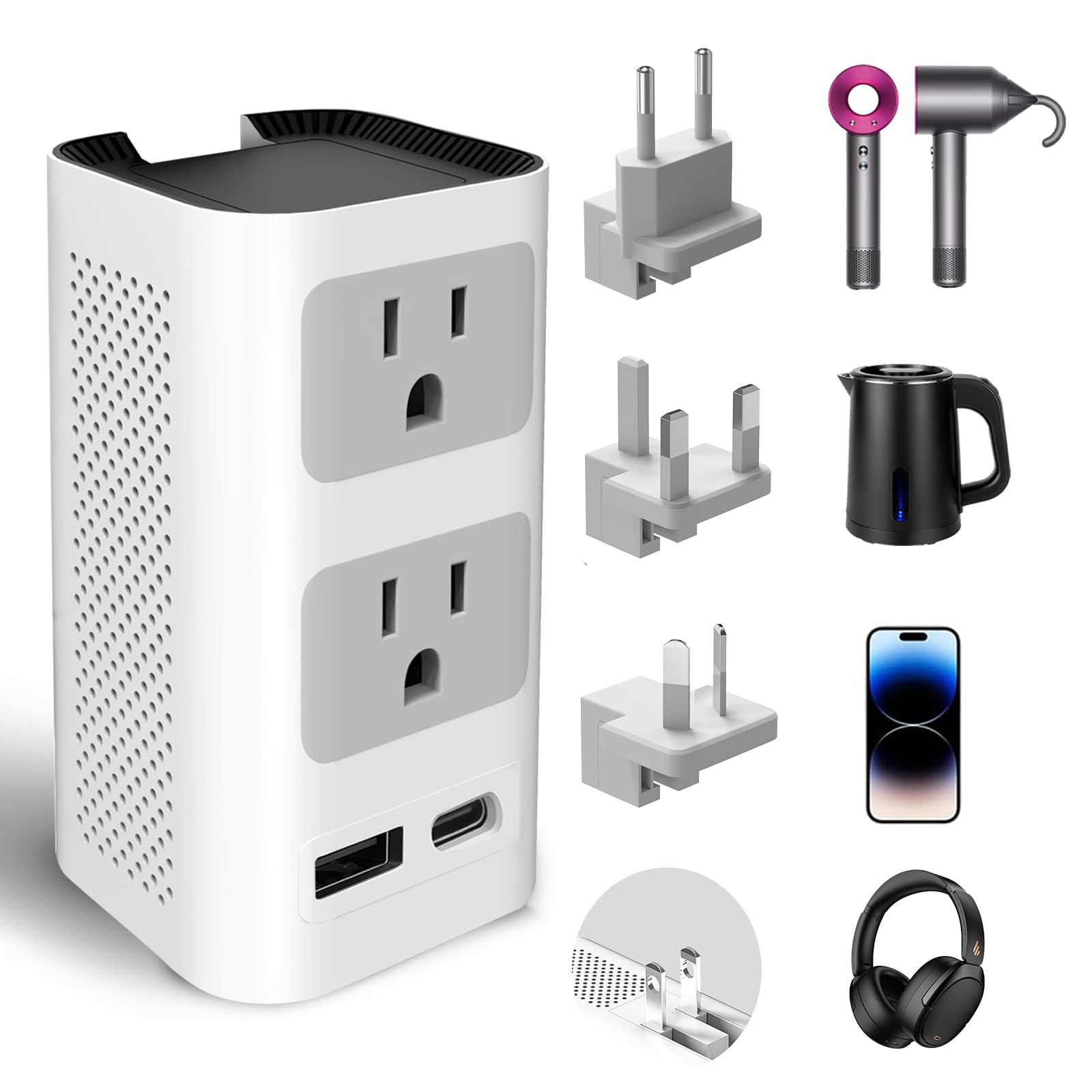 Upgraded 2000W 220V to 110V Voltage Converter US to Europe Travel Adapter for Hair Dryer International Universal Travel Adapter with 1 USB A and 1 USB