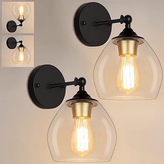 Farmhouse Wall Sconces Set of 2, Vintage Bathroom Vanity Light Fixtures with Glass Shades, Modern Bedside Wall Mount Lamps, Black and Gold Indoor Lighting for Stairwell Hallway Bedroom Living Room