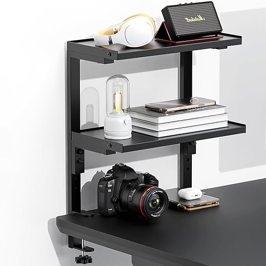 Spacrea clamp on Desk Shelf, 2 Tier Office Desk Shelves Organizer, Wood Desktop Supplies Storage Rack, Desk Organizers and Accessories (Black)