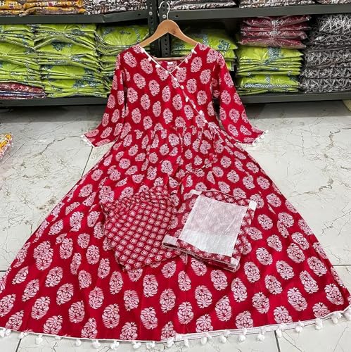 Image of UK Textiles Rayon Angrakha Pattern Anarkali Kurti Pant and Dupatta Set for Women & Girls
