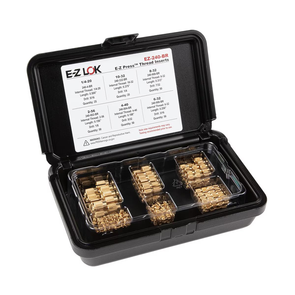 E-Z LOK Threaded Inserts for Plastic Assortment Kit, Flush Brass Threads 2-56 to 1/4-20, Press-in Installation, EZ-240-BR, Pack of 250