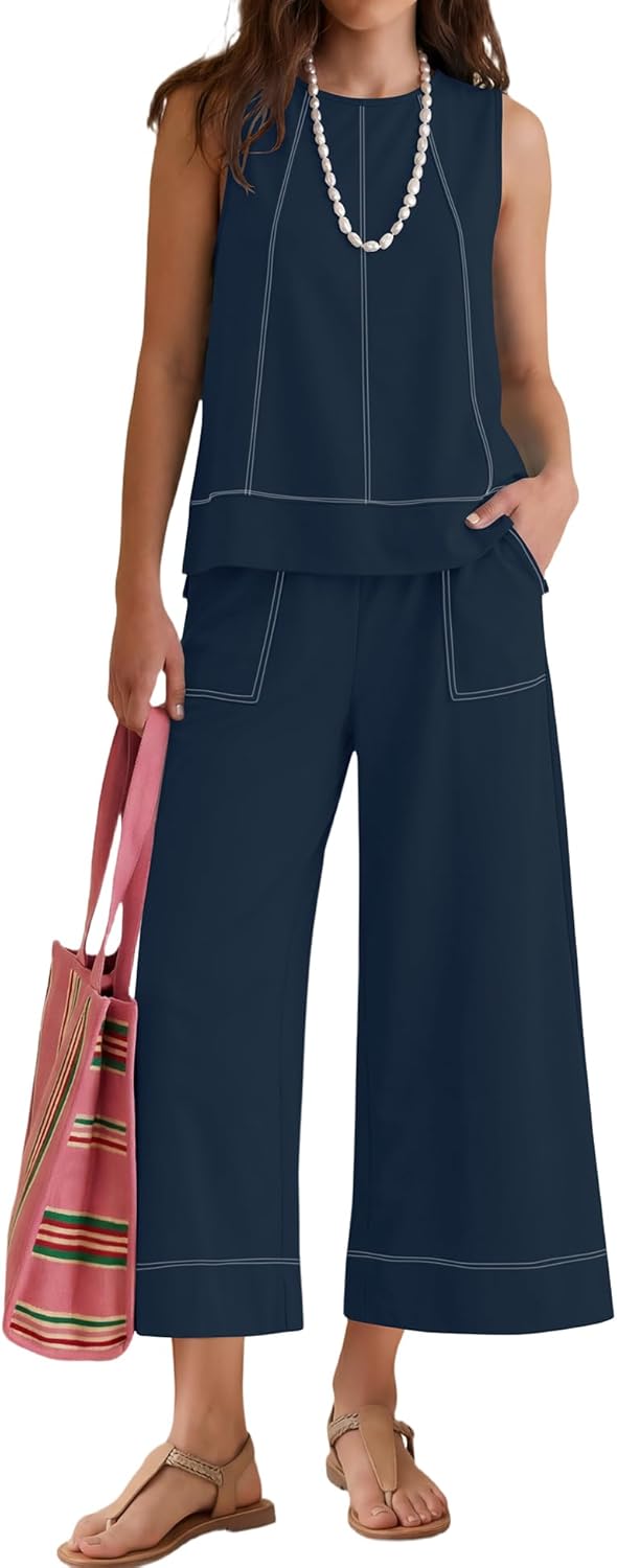 LOMON Two Piece Sets for Women Summer Outfits Sleeveless Tank Tops Wide Leg Crop Pants Matching Lounge Vacation Travel