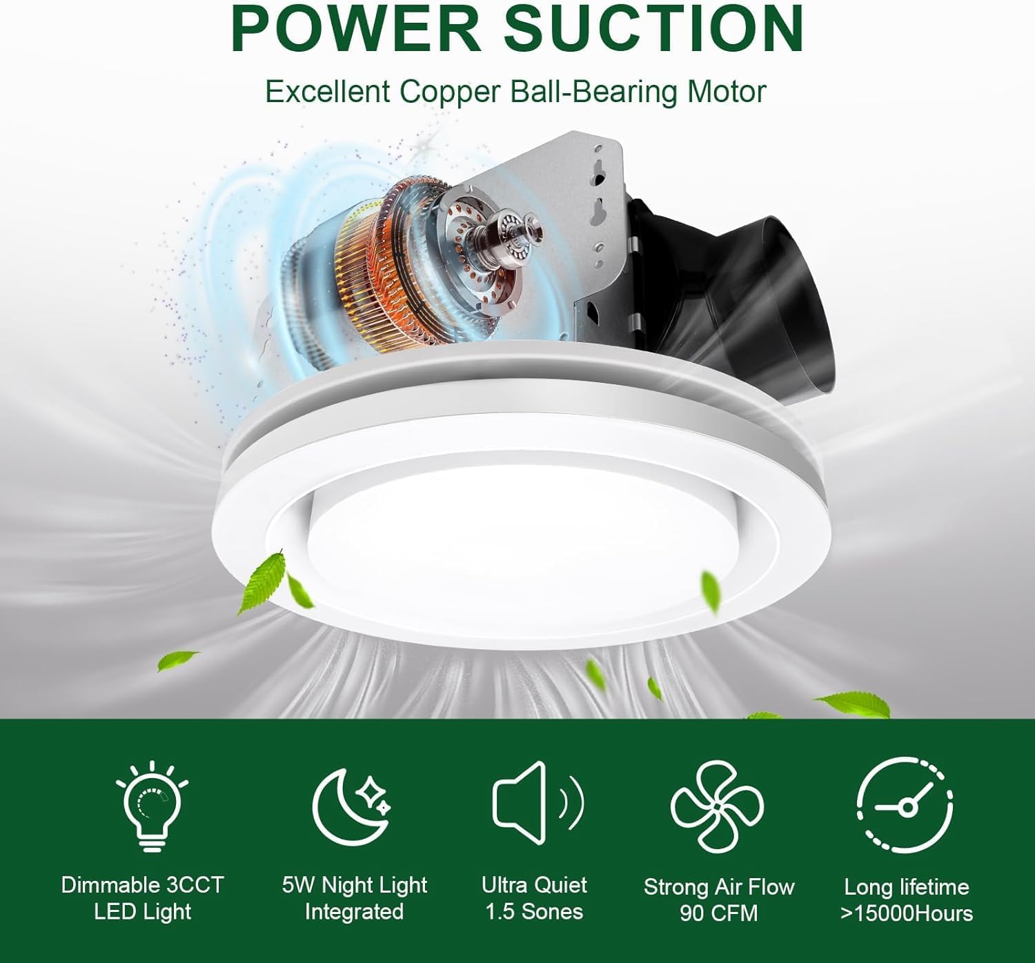 Akicon Bathroom Exhaust Fan with Light, 90 CFM, 1.5 Sones, 15W Dimmable 3CCT LED Light with 5W Night Light Bathroom Ventilation Fan for Ceiling for Home, Round, Silver