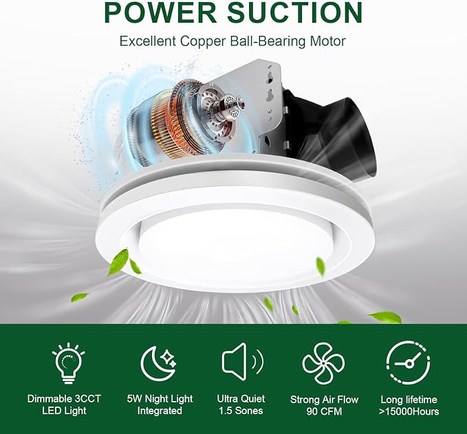 Ventilador de baño Akicon con luz y extracción 90 CFM miniatura 6