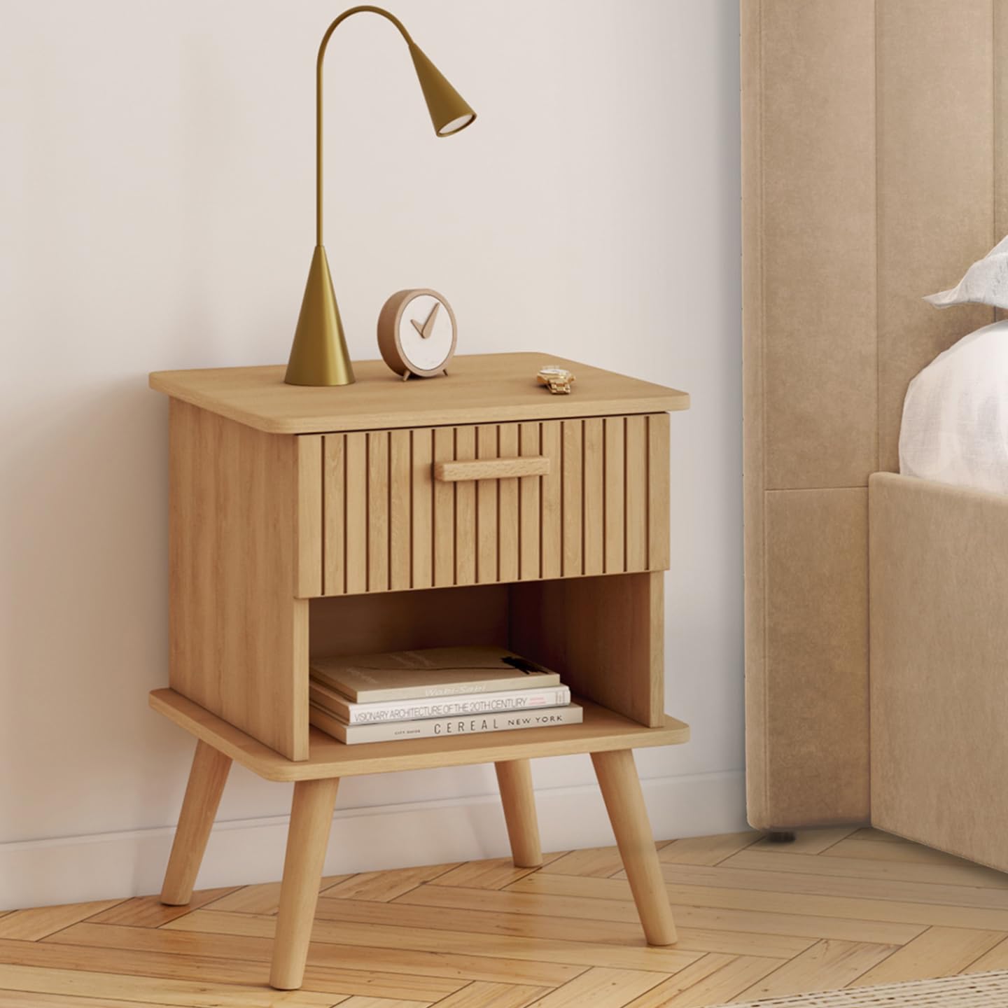 IDMarket - Lot de 2 Tables de Chevet Juliette 1 tiroir avec Niche Effet Lattes tasseau Bois