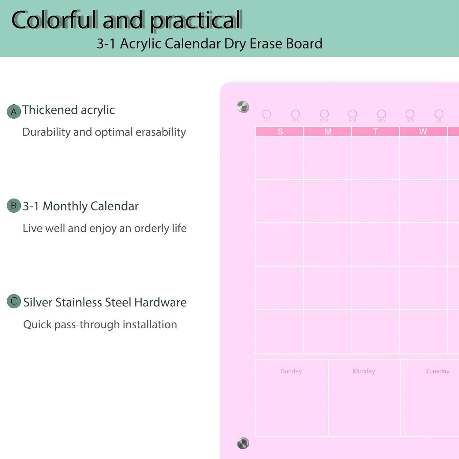 Large Acrylic Calendar for Wall,24"X16",Acrylic Dry Erase Calendar for Wall,Pink Dry Erase Board for Home/Office