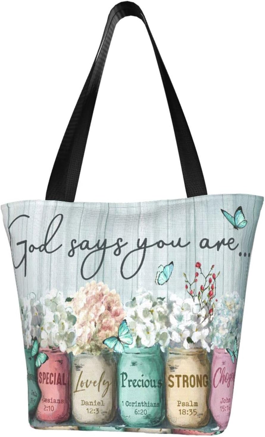Flower Christian Canvas Bags Religious Shoulder Bag Tote Bags Large Bulk Handbag Reusable For Women Work Study Travel