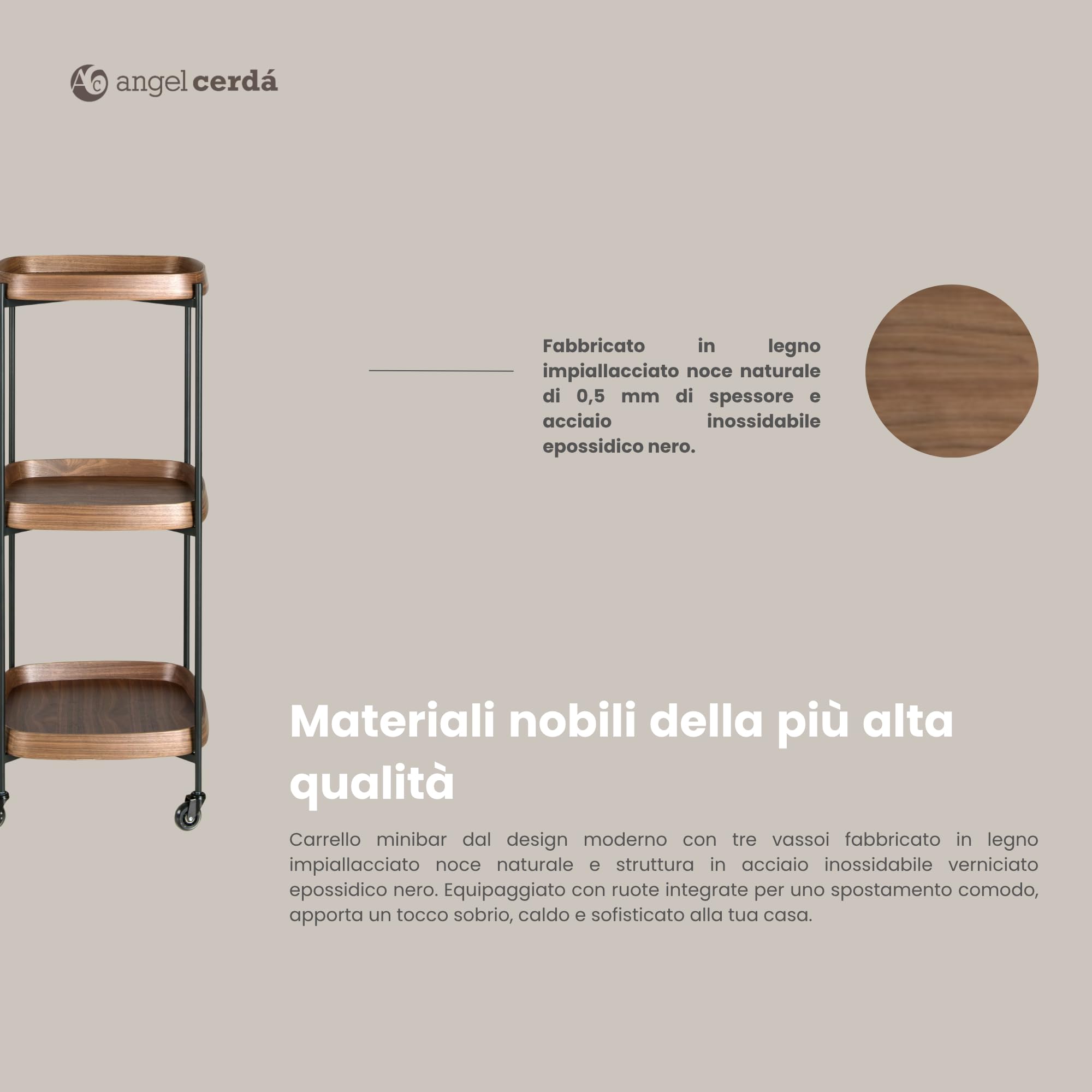 Angel Cerdá - Carrello minibar, modello 3291, 3 ripiani in noce naturale, struttura in acciaio nero epossidico, 50 x 50 x 124 cm, con ruote