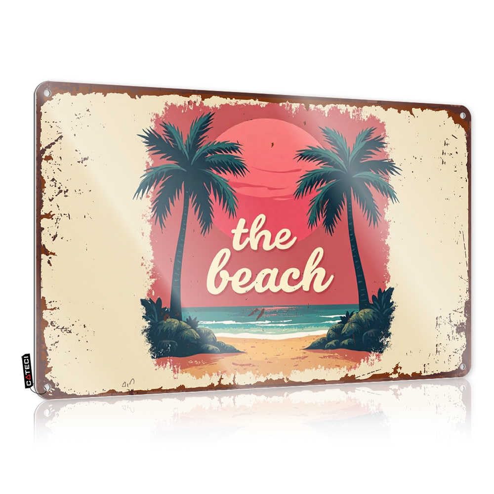 Fzfn Colour Vintage Decor Tin Sign Nice | Sunset Serenity: Tropical Palm Beach Paradise Nostalgic Days Decoration(30X40cm)