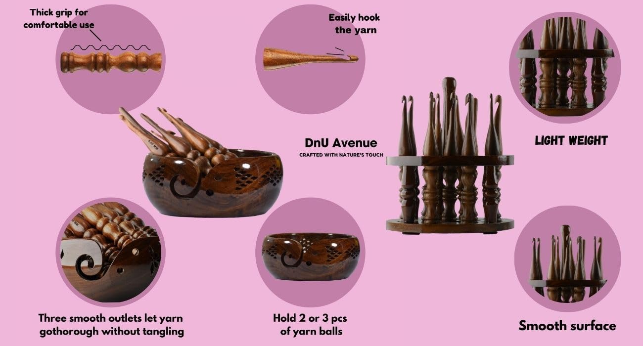 DnU Avenue Drewniane ergonomiczne haczyki do szydełkowania, zestaw 13 haczyków, rozmiar od 3,5 mm do 12 mm, ręcznie robione, trwałe i lekkie narzędzia do szydełkowania (haczyki ze stojakiem)