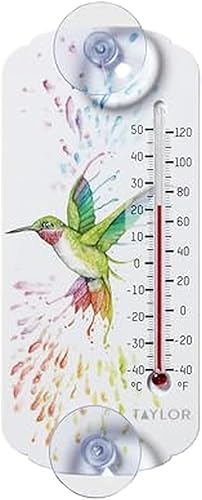 Taylor Rainbow Hummingbird - Termómetro de ventosa para interiores y exteriores, decoración para patio, piscina o garaje, termómetro de ventana, 8