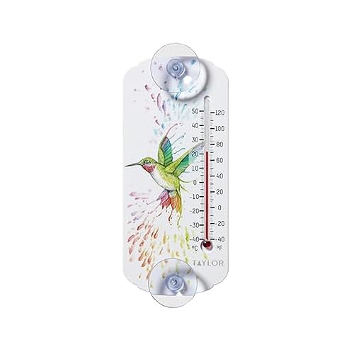 Taylor Rainbow Hummingbird Indoor Outdoor Suction Cup Thermometer, Decor for Patio, Pool, or Garage, Window Thermometer, 8-inch, Multi