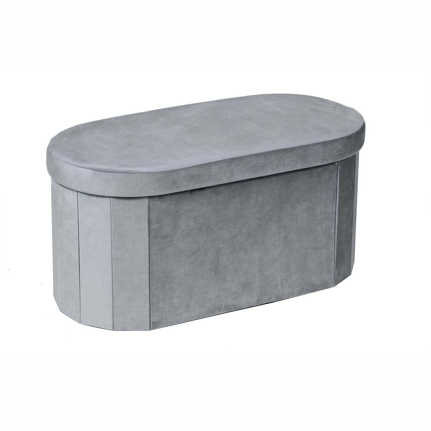 Bonlife Grey Velvet Ottoman Storage Bench with Seat,Foldable Stool Living Room Furniture,Oval Large Toy Box Storage Chest with Lid,76x38x38cm