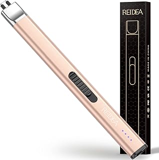 REIDEA Electric Candle Lighter, Retractable Top Windproof Flameless USB Rechargeable Arc Lighter with Safe Button and Power Indicator for Candle, BBQ and Fireworks, R1 Flat, Champagne Gold