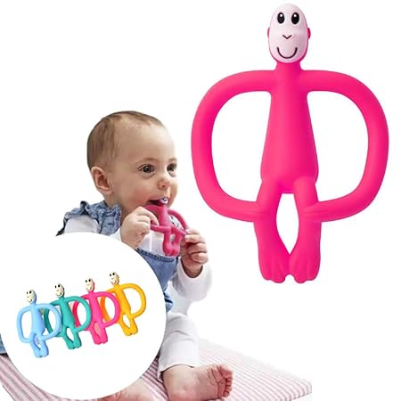 iSWEVEN Teethers for Babies | BPA Free Silicone Soft Baby Toys | Monkey Shaped Baby Gum Molar Chew Toy Releive Long Tooth Pain | Toodle Teething Pacifier BT9005A (6 - 12 Months, Red)
