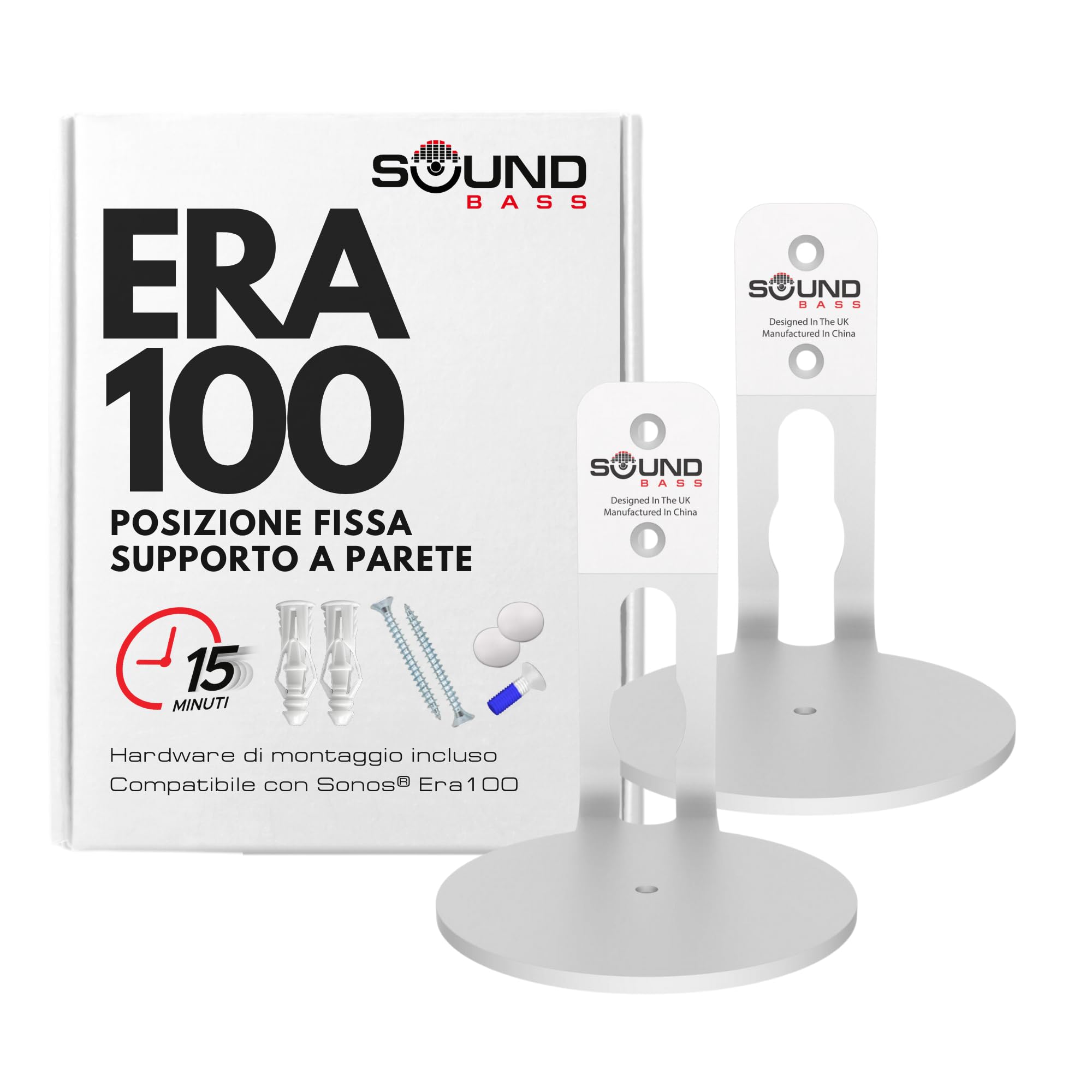 Sound Bass ERA100 Staffa Per Montaggio A Parete, A Basso Profilo, Bianca, Confezione Doppia, Compatibile Con Altoparlanti Sonos Era 100, Completa Di Tutti Gli Accessori Di Fissaggio-image