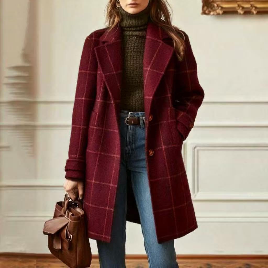 Women's Plaid Wool Blend Coat, Notched Lapel, Button Front, Long Sleeve, Mid-Length Overcoat