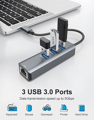 Miniatura 3 de ABLEWE Adaptador USB C a Ethernet, adaptador de red LAN 4 en 1 RJ45 a USB-C/Thunderbolt 3 a Gigabit Ethernet para MacBook Pro/Air 2023/2024, iPad