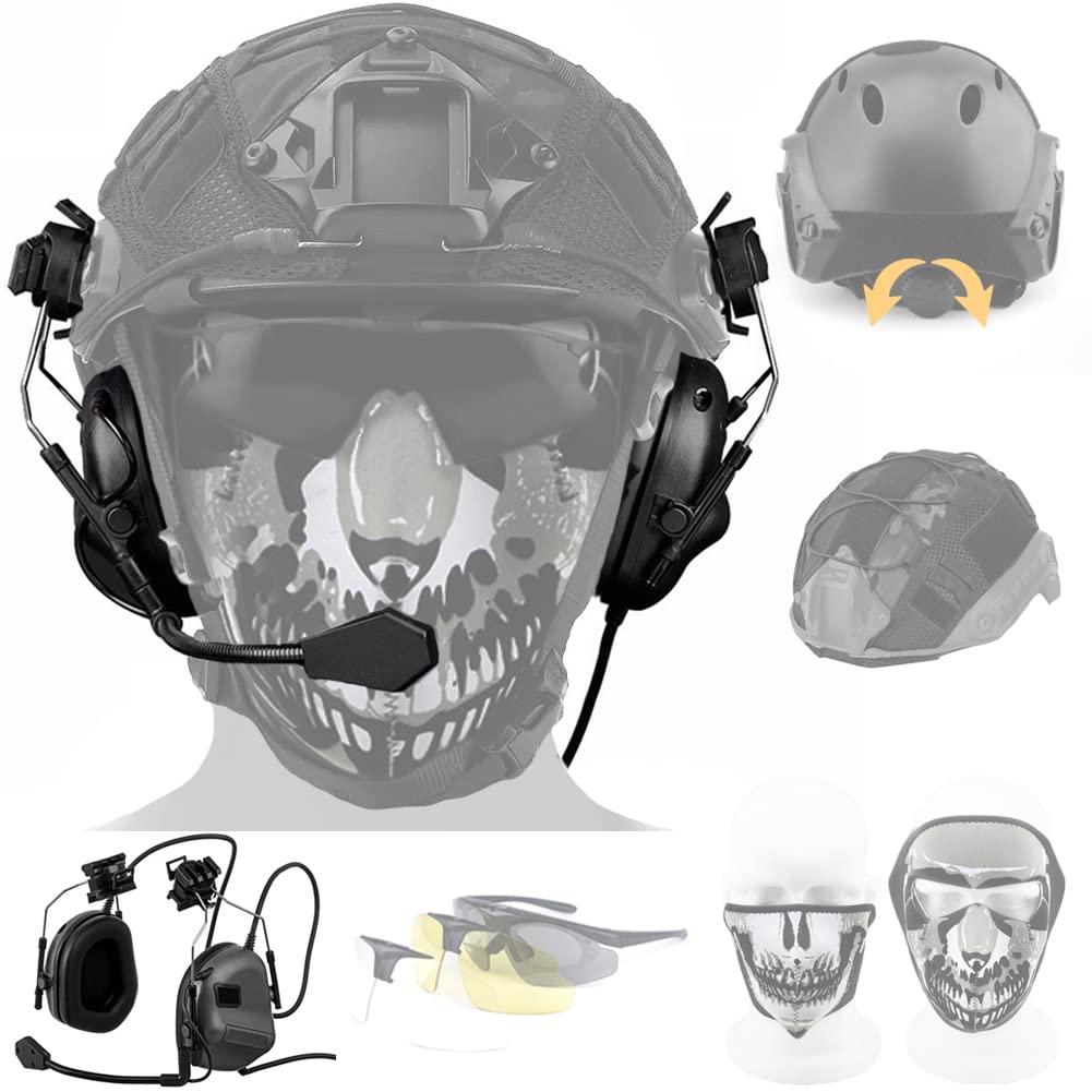 FANDAO Airsoft Tactical Set Helmet Three Lenses Goggles Mask with Pickup Sound Noise Cancelling Headphones Free Adjustment Easy Disassembly Suitable for CS BB Paintball Outdoor Game