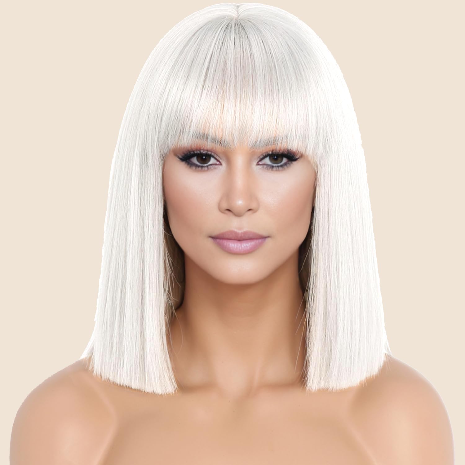 PORSMEER Short Straight Bob White Wigs with Fringe Shoulder Length Hair Colorful Wig for Women Girls Heat Resistant Synthetic Wig for Cosplay Halloween Party14 Inch 35cm - Image 4