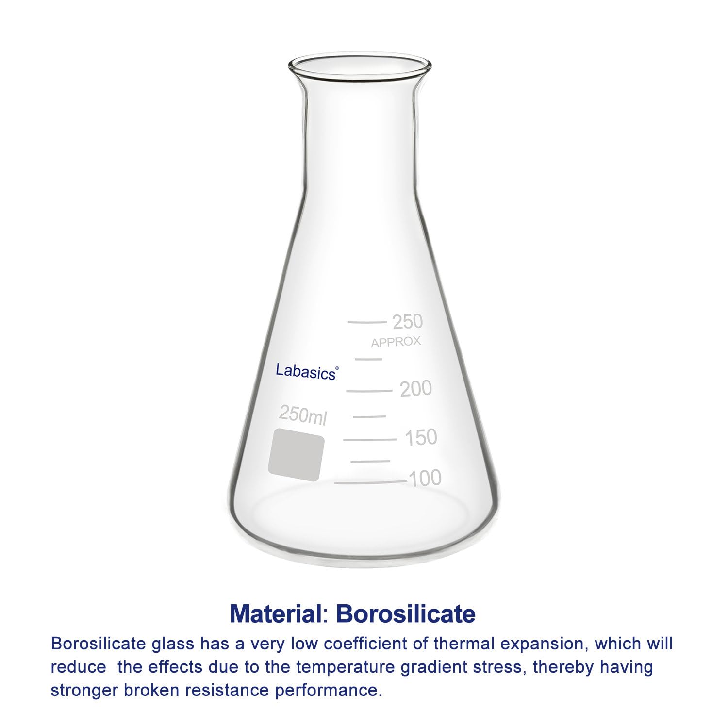Labasics Vidrio Boca Ancha Erlenmeyer Matraz, Borosilicato, 250 ml