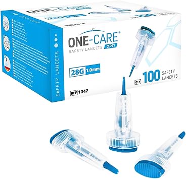 ONE-CARE OPTI Safety Lancets Top Button Activated 28G x 1.0mm, MiniFlow, Gentle, 100/bx