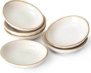 Famiware Ocean 6-Piece Ceramic Soy Sauce Dishes, 2.1oz Oval Dipping Bowls for Sushi Snacks Appetizers, Dishwasher Microwave Safe Vanilla White