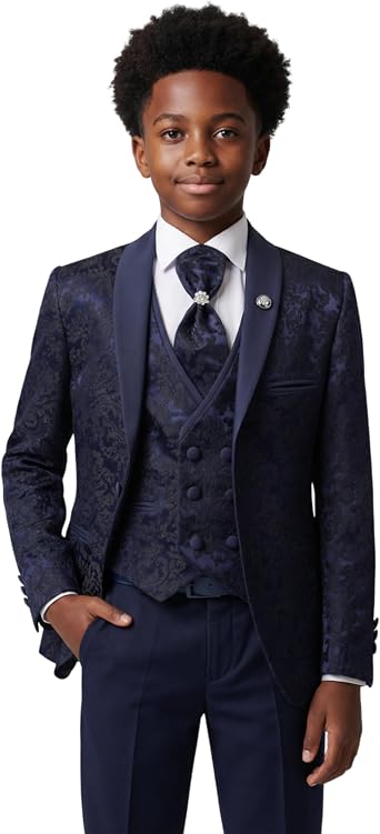 SIRRI Boys Floral Paisley Tuxedo Dinner Suit, 5 Piece Set for Pageboy Weddings & All Special Occasions
